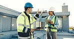People, architect or high five with electrician on construction site for maintenance or inspection. Happy man, woman or contractors with smile, tablet or team celebration for building success or deal