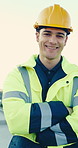 Face, man and smile at site for construction, inspector and leadership for architecture. Portrait, male person and happy outdoor with arms crossed, project ppe and building renovation for development
