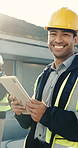 Construction worker, face and man with tablet, building site and laugh with research for renovation. Safety coordinator, portrait and happy person with digital report, online and inspection with tech