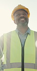 Construction, thinking or black man with helmet, progress reflection or mindset in site review. Below, ppe or mature engineer with flare, project perspective or evaluation of outdoor development.