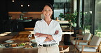 Celebration, face or woman in house with arms crossed, unwind or confidence with dinner preparation. Wellness, happy or mature person with party planning, peaceful moment or satisfaction on day off.