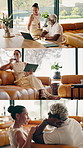 Home, finance and collage with interracial couple for remote work, discussion or bonding together. Series, man and woman with laptop, documents and wine glass for financial planning or insurance