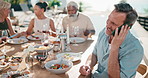 Phone call, lunch and man with friends on vacation reunion, communication and luxury resort update. Mature person, food and talking on mobile on holiday outdoor, smile and relax at social gathering