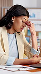 Laptop, woman and glasses in office with headache, campaign stress or pressure for ad deadline. Tech, marketing manager and eyewear migraine from eye strain, vision fatigue and overworked on launch