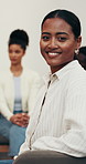 Therapy, smile and face of woman with group session, wellness career and mental health support. Portrait, happy person and psychologist with patients, counseling or about us in peer intervention