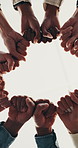 Fist bump, circle and team of business people in office for solidarity, connection or networking. Celebration, group and employees with hands together for good news, achievement and below for support
