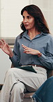 Support group, therapy and woman in counseling for discussion, coping strategy or experience. Mature person, meeting and psychology circle for mental health, help and guidance with tablet in office