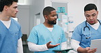 Nurses, walk or team discussion with tablet for healthcare review, case evaluation or treatment plan. Tech, men and talking in hospital for medical checklist, diagnosis records or admin schedule