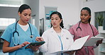 Hospital, walk or team discussion for healthcare with tablet, patient history or cancer care binder. Doctor, women and talking with nurses for medical checklist, oncology records or admin with tech