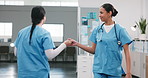 Nurse, team and smile in hospital with handshake, support and encouragement on double shift. Women, partners and shaking hands at clinic for solidarity, medical collaboration and healthcare service