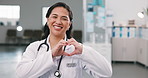 Face, woman and doctor with hand heart, kindness and appreciation for medical support. Portrait, happy person and surgeon in clinic with love gesture, thank you and gratitude for healthcare services