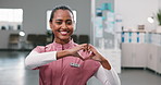 Face, smile and nurse with hand heart, kindness and nomination appreciation for medical support. Portrait, happy and woman at clinic with love gesture, thank you and gratitude for healthcare services