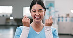 Face, smile and nurse with finger heart, kindness and nomination appreciation of medical support. Portrait, happy and woman at clinic with love gesture, thank you and gratitude for healthcare service