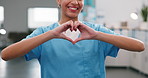 Hands, woman and nurse at clinic with heart, kindness and nomination appreciation of medical support. Smile, female person or nursing with love gesture, thank you and gratitude for healthcare service
