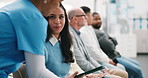 Healthcare, nurse or woman in waiting room with tablet, schedule confirmation or appointment. Medical service, technology or patient in line with efficiency app, information or ready for consultation
