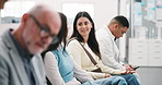 Medical, woman and people in waiting room with chat, service review and discussion in line. Patient, group and talking at busy practice for recommendation, health advice and patience for appointment
