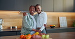 Family, face and women with grocery in home, bonding together and hug with senior mother in kitchen. Black people, portrait and happy elderly parent with daughter, fruit and healthy food in house