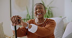 Laugh, face and senior woman with walking stick for wellness, support and balance in retirement home. Happy, portrait and elderly African person with cane for help, arthritis and mobility assistance
