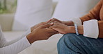 Sofa, holding hands and nurse with senior woman for bonding, support and checkup in home. Retirement, closeup and caregiver with elderly patient for medical service, care and connection for empathy