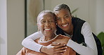 Face, hug and nurse with senior woman for bonding, support and comforting on sofa. Retirement, portrait and African caregiver with elderly patient for medical service, care or connection for empathy