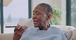 Home, voice note and senior woman with phone for news, social media and online chat for contact. Retirement, talking and elderly African person on cellphone for recording, internet and message