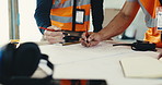Engineer, team and hands with blueprint, drawing and planning for property development in building. Creative, sketch and people with paperwork, collaboration and colleagues with renovation project