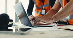 Laptop, hands and discussion with engineer, construction development and project management. Computer, typing and people planning with building quality assurance, team report and feedback at site
