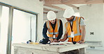 Engineer, people and talk with blueprint for home renovation, review and property development plan. Team, discussion and remodeling house with layout for real estate project, design and engineering.