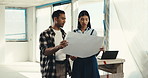 Couple, reading and blueprint at new house for renovation, interior design and unfinished property. People, talking and construction at site with document, floor plan and makeover of home improvement