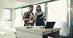 Interior design, team and people with tablet in home, discussion and happy with renovation project. Creative, man and woman with color palette, flare and collaboration with tech and house improvement