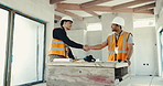 Men, construction and agreement with handshake for building partnership, deal or contract together. Male people, team or civil engineer shaking hands for architecture renovation or onboarding project