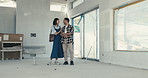 Couple, talk and planning with construction for home renovation, maintenance or property development. Married people, discussion and remodeling project for house improvement, design idea and opinion.
