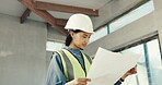 Blueprint, construction and inspection with woman in real estate development for project management. Floor plan, progress and quality control with person in home for building or property architecture