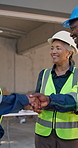 Architect, team and introduction with handshake for building agreement or deal on construction site. People, civil engineer or shaking hands with tablet for b2b, architecture project or partnership