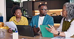 Tablet, team and meeting with document for campaign strategy, SEO stats and competitor research. People, tech and paperwork at agency for marketing funnel, editorial planning and KPI data comparison