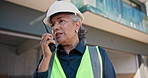 Woman, architect and talking with radio on construction site for building inspection or safety. Mature, female person or contractor speaking with signal for architecture maintenance or security