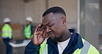 Architect, man or stress with headache on site for construction fail, deadline or building mistake. Frustrated, male person or contractor with migraine, helmet or ache for fatigue, pressure or strain