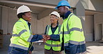Architect, people and meeting with handshake on construction site for building agreement or deal. Happy, contractor or civil engineer shaking hands with team for partnership or architecture project