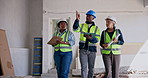 Architect, people or planning with tablet on construction site for building design, strategy or ideas. Team, contractor or civil engineer with technology for safe architecture, security or inspection