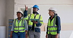 Architect, team or planning with tablet on construction site for building design, strategy or ideas. People, contractor or civil engineer with technology for safe architecture, security or inspection