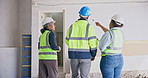 Architect, team and building with inspection for construction safety, maintenance or security. Back view, people or civil engineer with group for property structure or quality check together on site