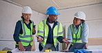Architect, team and meeting with documents for building strategy or construction planning on site. People, group or civil engineer with blueprint or paperwork for architecture development or design