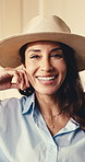 Face, travel and happy woman with summer hat for holiday getaway, weekend break or vacation. Portrait, female person or traveler with smile, style or fashion for trip, accommodation or hotel service