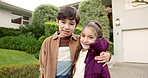 Children, smile and hug outdoor with new home, face and support with happy family of siblings. Kids, brother and sister embrace by house with love, trust and care at front yard for real estate
