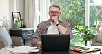 Fatigue, freelancer and man yawn with laptop in home office, bored or overworked with audit deadline. Computer, tired accountant and mature person with burnout, stress or tax pressure for remote work