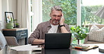 Headache, glasses or man in home office with laptop, brain fog or eye strain in remote work. Burnout, eyewear or mature freelancer with tech fatigue, migraine pressure or vision discomfort in house.