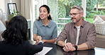 Realtor, couple and handshake in office for agreement, lease expansion or investment consultation. Mature people, smile or shaking hands with real estate agent for sale, client approval or thank you