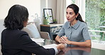Meeting, woman or realtor in home office with paper, price evaluation or discussion on mortgage info. Digital, mature client or broker with document, property valuation or loan option in consultation