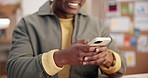 Logistics, message and hands with phone in small business, laughing and communication with contact. Entrepreneur, typing and happy person with mobile, supply chain and reading funny chat on website