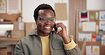 Smile, black man and phone call at startup for ecommerce, order and customer inquiry for delivery. Happy, male person or entrepreneur in office with mobile, contact supplier and shipping availability